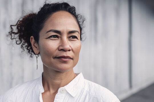 Woman with curly hair standing in front of a white wall. Generative AI.