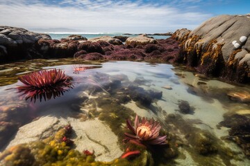 Micronature and Landscape  Tidal pools, shallow water, diverse marine life, colorful sea anemones, submerged rocks, coastal environment, rugged shoreline, misty air 3 - AI Generative