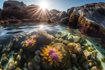 Micronature and Landscape  Tidal pools, shallow water, diverse marine life, colorful sea anemones, submerged rocks, coastal environment, rugged shoreline, misty air 1 - AI Generative