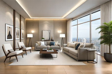 Fototapeta premium Interior design of a serene and calming living room that incorporates soft lighting, muted colors, and minimalist decor | Generative AI