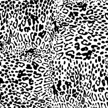 Mix animal skin prints, leopard, jaguar seamless pattern vector design. Predators skin merges. Dotted texture. Black and white, contrast spots.