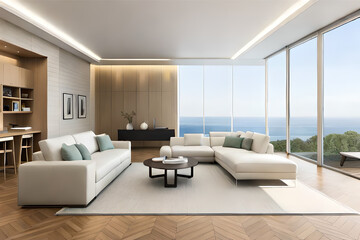 Fototapeta na wymiar Interior design of a serene and calming living room that incorporates soft lighting, muted colors, and minimalist decor | Generative AI