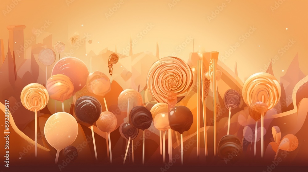 Poster  a group of lollipops sitting on top of each other in front of a yellow background with a city in the distance behind.  generative ai