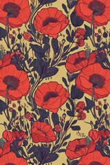 top view seamless floral pattern, poppy summer flower background wallpaper illustration sketch drawing art, generative ai