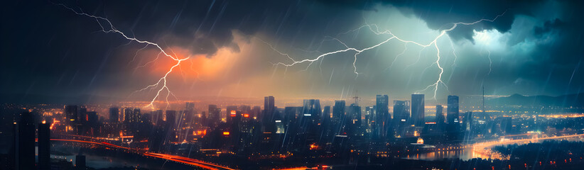 a city at night with lightning in the sky,  downpour,  thunderous battle, generative ai