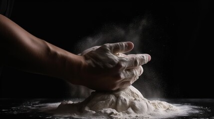 Obraz na płótnie Canvas a person's hands are sprinkled with flour on a black background with a black background and a black background with a person's hand reaching out to sprinkled with flour on it. generative ai