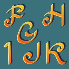 F, G, H, I, J, K calligraphic yellow orange letters. Cartoon artistic font.