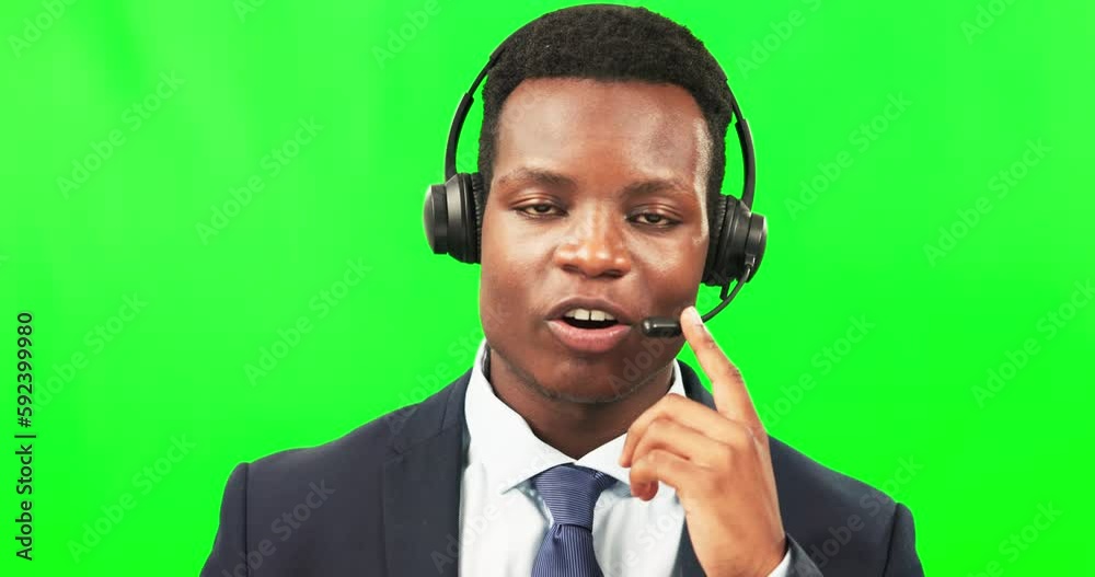 Canvas Prints Black man, callcenter and phone call, CRM on green screen with communication, mockup and contact us. Headset with mic, portrait and male customer service consultant, talking on studio background