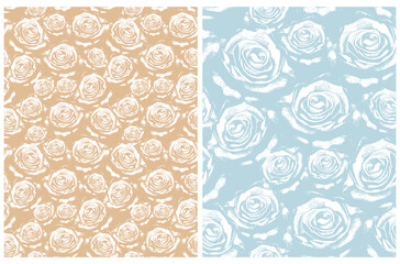 Abstract Hand Drawn Floral Seamless Vector Pattern. Sketched Roses Isolated on a Gold and Pastel Blue Background. Abstract Blossom Garden Design. Floral Repeatable Print ideal for Fabric, Textile.