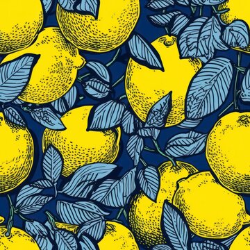 yellow lemon and leaves seamless patter background, drawing dot art illustration, vibrant vintage texture, generative ai