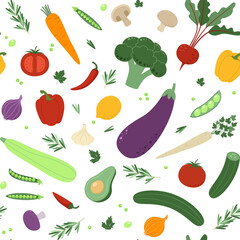 Vegetables and fruits pattern, set of healthy vegetarian or vegan food. Hand drawn vector illustration, trendy minimalist style