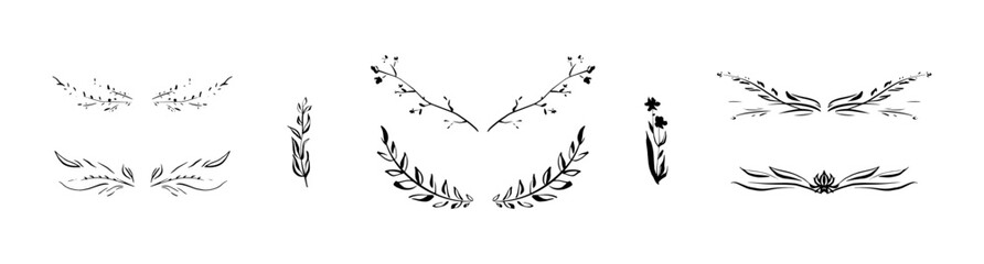 collection of line floral borders and divider with leaves and branches. minimalistic Hand drawn line wedding arrangements, invitation save the date card. Botanical rustic trendy boho greenery 