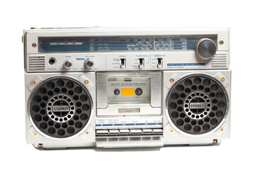 Silver retro ghetto radio boom box cassette recorder from 80s