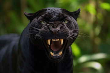 angry black panther with ears back and showing teeth looking at camera.
