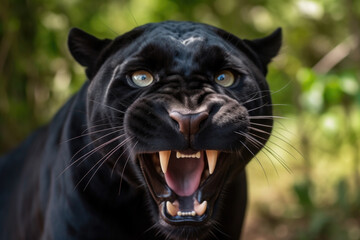 Naklejka na ściany i meble angry black panther with ears back and showing teeth looking at camera.