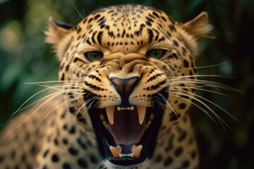 angry leopard with ears back and showing teeth looking at the camera.
