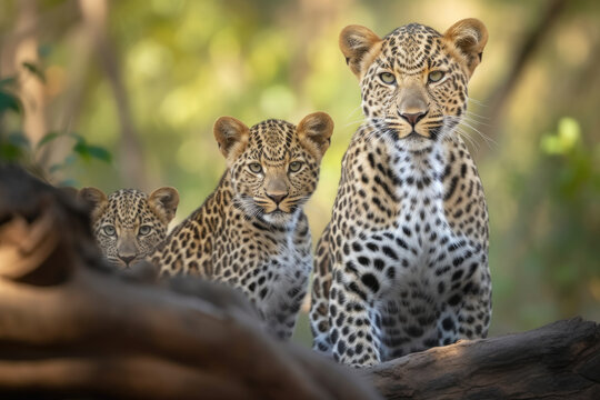leopard with cubs looking at camera.