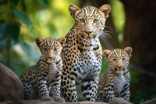 leopard with cubs looking at camera.