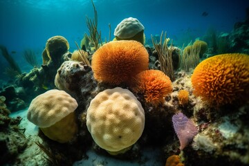 Micronature and Landscape Sea sponges, diverse shapes, vibrant colors, porous texture, unique patterns, underwater environment, coral reef, diverse marine life 2 - AI Generative