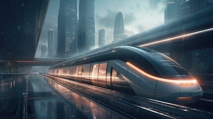 A high-speed hyperloop train demonstrates its power while speeding through a futuristic metropolis. Generative AI.