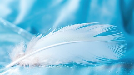 A bright blue background with one white feather. Generative AI.