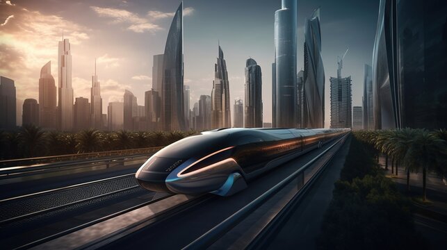 A high-speed hyperloop train demonstrates its power while speeding through a futuristic metropolis. Generative AI.