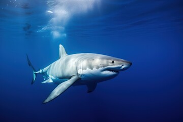 Fototapeta premium A white shark in a blue ocean. Generative AI.