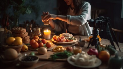 Fototapeta na wymiar a woman lighting a candle on a plate of food on a table with other food and candles around it and a camera on the table. generative ai