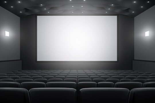 Cinema with white blank screen. Generative AI.