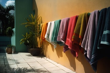 Colorful towels drying on a wall. Generative AI.