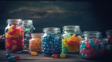 Fototapeta na wymiar a group of glass jars filled with different colored candies on a wooden table next to other glass jars with candies in them on top of a wooden table. generative ai