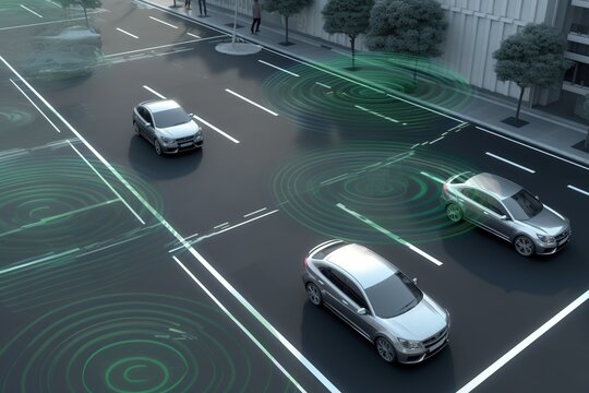 Concept of an autonomous car sensor system for the safety of driverless mode car control. Adaptive cruise control in the future will detect neighboring vehicles and pedestrians. Generative AI.