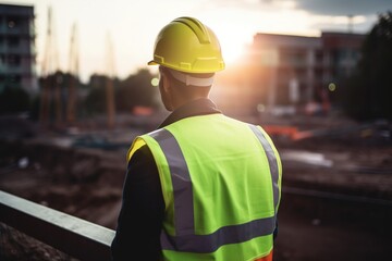 Construction worker with helmet, wearing fluorescent waistcoat while looking at construction site. Generative AI.