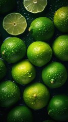 Fresh Lime seamless background, adorned with glistening droplets of water. Generative AI.