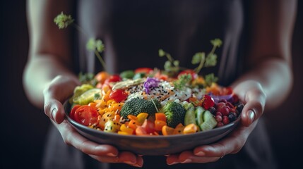  a person holding a bowl of vegetables in their hands with a dark background and a black background behind them, the bowl has a variety of vegetables in it.  generative ai - obrazy, fototapety, plakaty