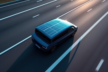 Modern car with solar panels driving on road. Generative AI.