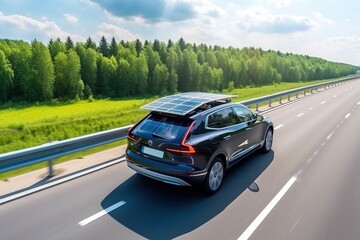 Obraz na płótnie Canvas Modern car with solar panels driving on road. Generative AI.