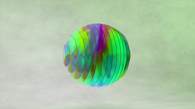 Abstract concept. Flat transparent disks form a sphere. The wave changes the color of the disks. neon light. Rainbow. 
