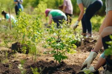 Naklejka premium People planting trees in garden. Generative AI.