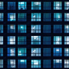 Building windows at night time. Generative AI.