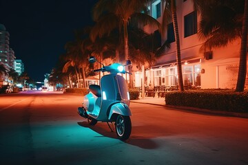 Scooter moped at ocean drive Miami beach at night with neon lights from hotels. Generative AI.