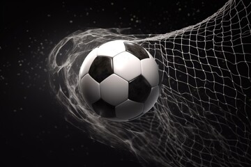 Naklejka premium Soccer ball breaking through the goal net. Generative AI.
