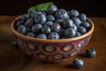 Big blueberries in a bowl. Generative AI.