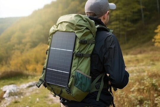 Tourist wearing hiking backpack with solar panels. Generative AI.