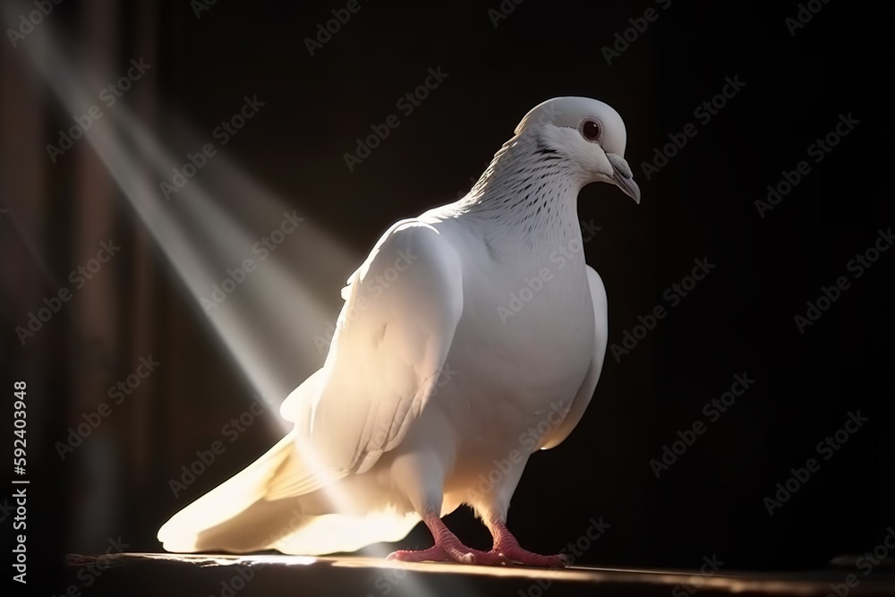 Wall mural white dove illuminated by the rays of the sun. generative ai.