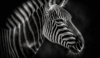 Obraz na płótnie Canvas a black and white photo of a zebra's head and neck in the dark light of the dark background, with the light coming from behind the zebra's head. generative ai