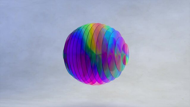 Abstract concept. A sphere of transparent colored disks changes color in wave-like movements. Rainbow. Separation. Turn.