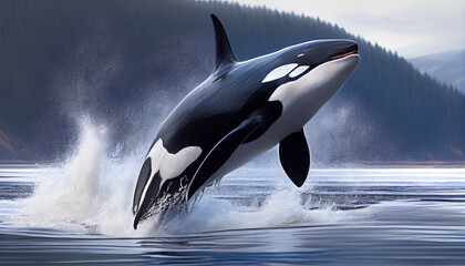 killer whale jumping out of the water. Generative AI - obrazy, fototapety, plakaty