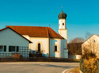 Church on a sunny winter day at Obersunzing, Leiblfing, Straubing-Bogen, Bavaria, Germany