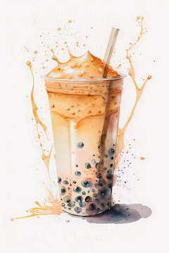 Orange boba tea or bubble tea in a tall cup on white, watercolor style illustration, generative AI